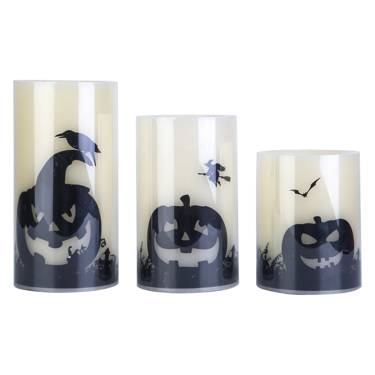 3-pack LED flameless candles with jack-o-lantern and bat silhouettes, warm orange glow