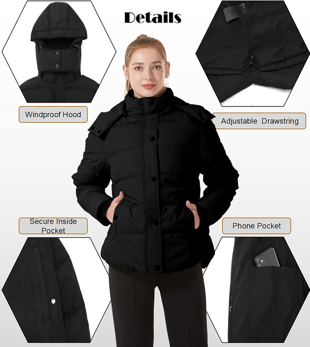 Women’s black quilted puffer jacket with adjustable drawstring hood and zipper front