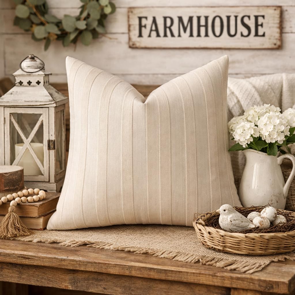 Light beige striped textured throw pillow cover with knife-edge seams, square shape.