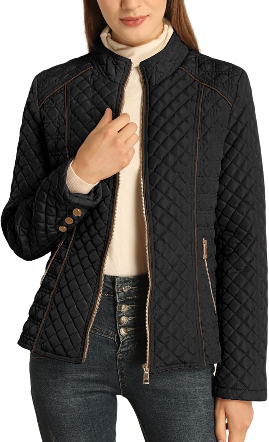 Black quilted stand-collar puffer jacket with front zip and brown trim, long sleeves