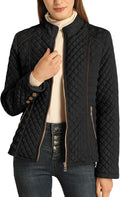 Black stand-collar quilted puffer jacket with full zip front and decorative buttons