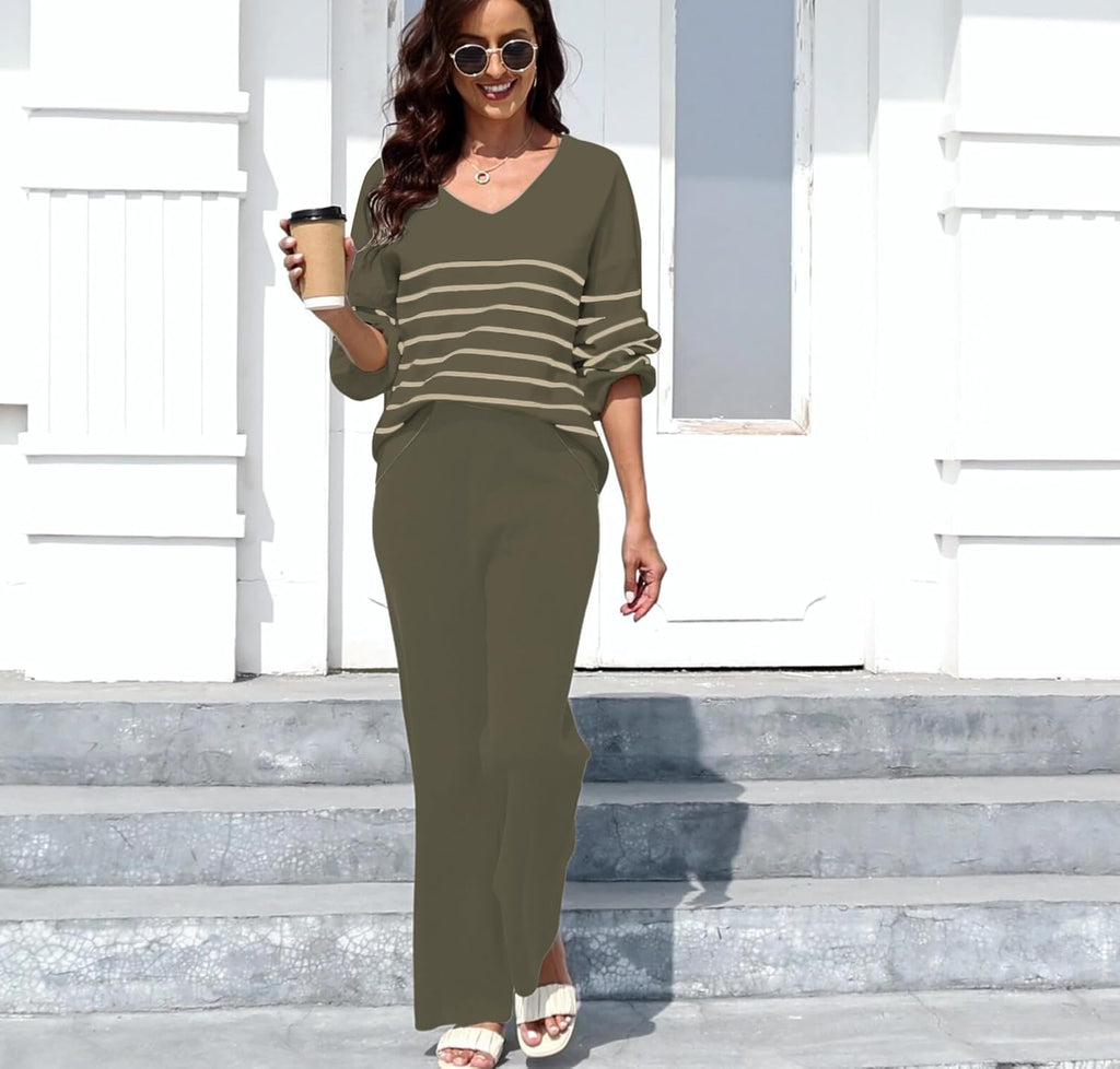 Two-piece knit lounge set in olive green: V-neck striped top with wide-leg pants