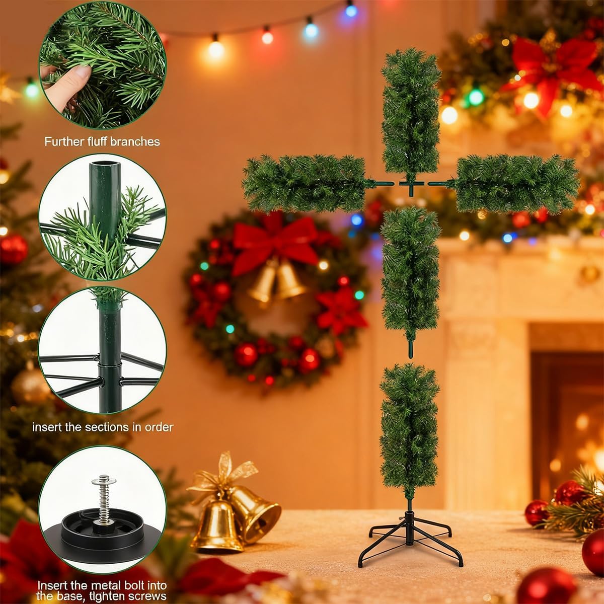 Foldable pre-lit cross-shaped pine tree with multiple stacked sections and warm lights