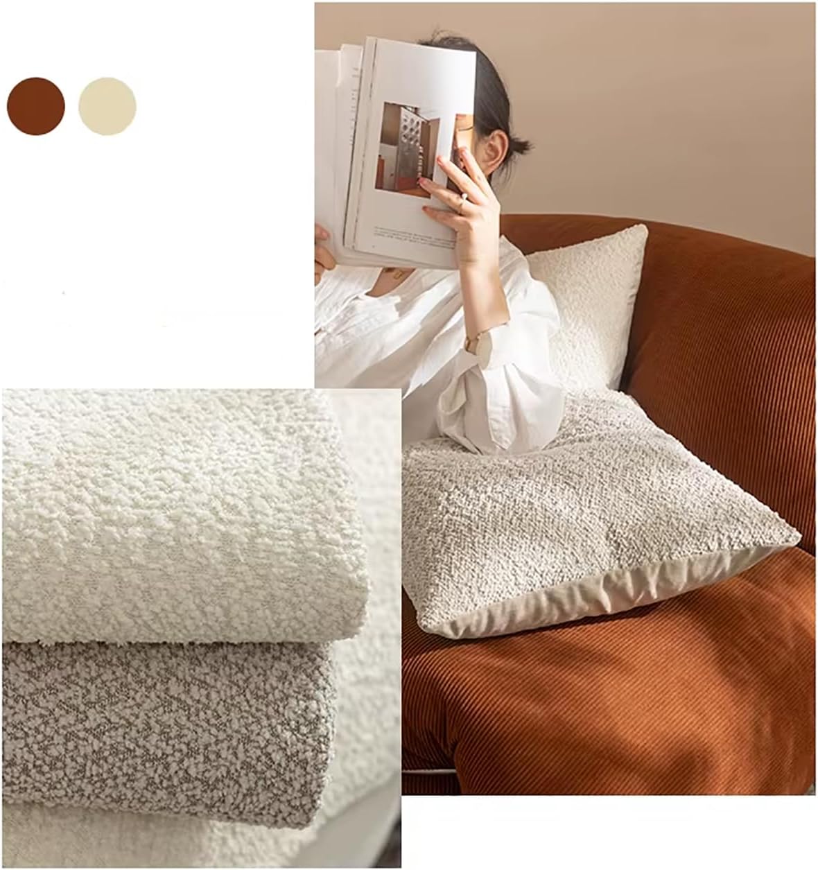 Chenille bouclé throw pillow in cream, rectangular textured cushion