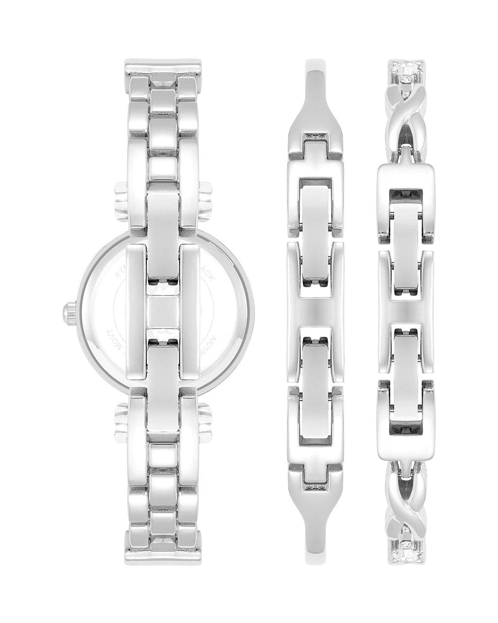 Silver-tone crystal bangle bracelet and watch components, side and close-up views