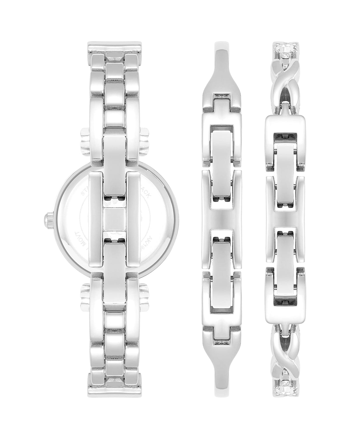 Silver-tone crystal bangle bracelet and watch components, side and close-up views
