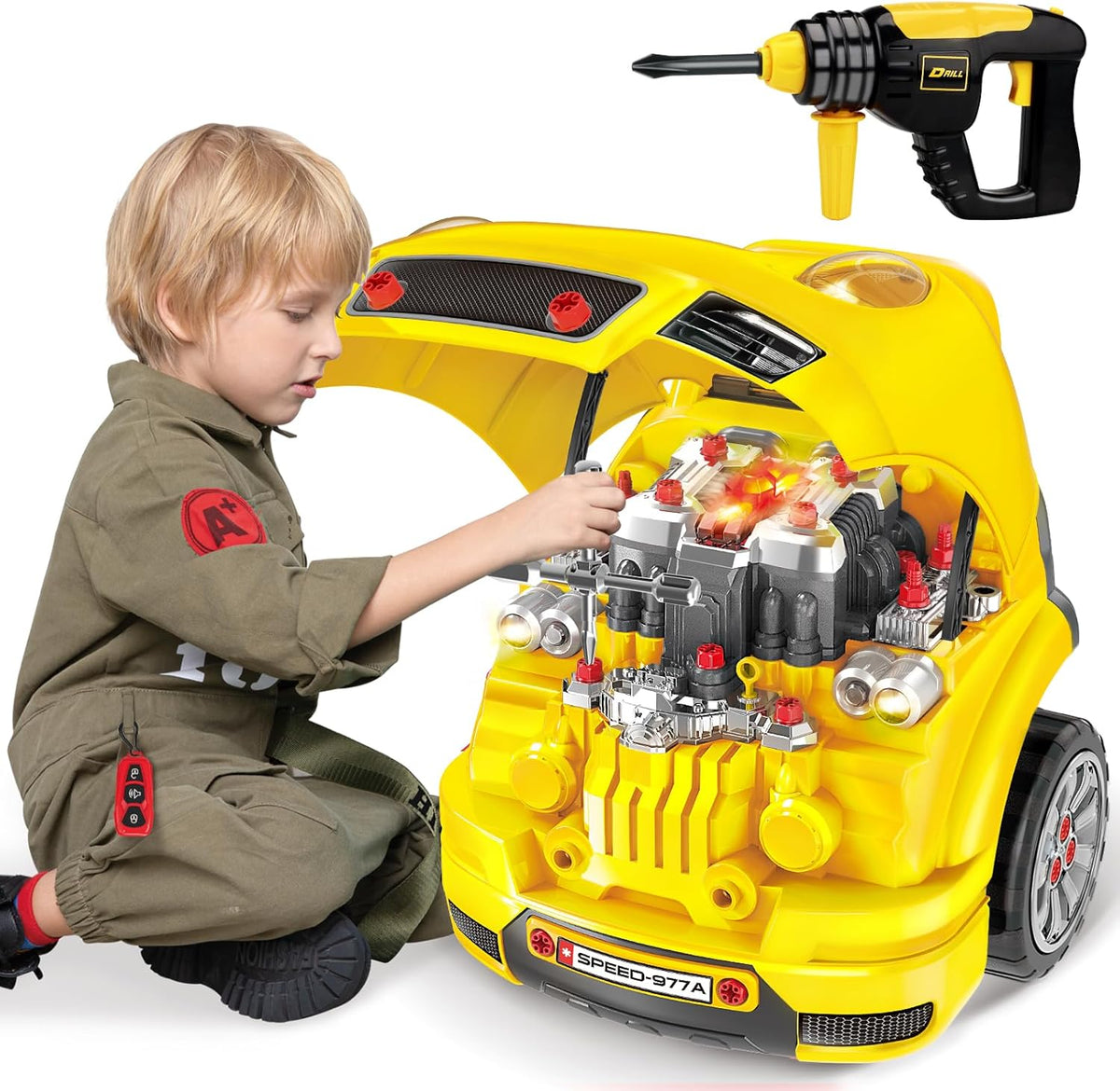 Yellow toy truck builder set with open engine bay, child assembling pieces, drill accessory