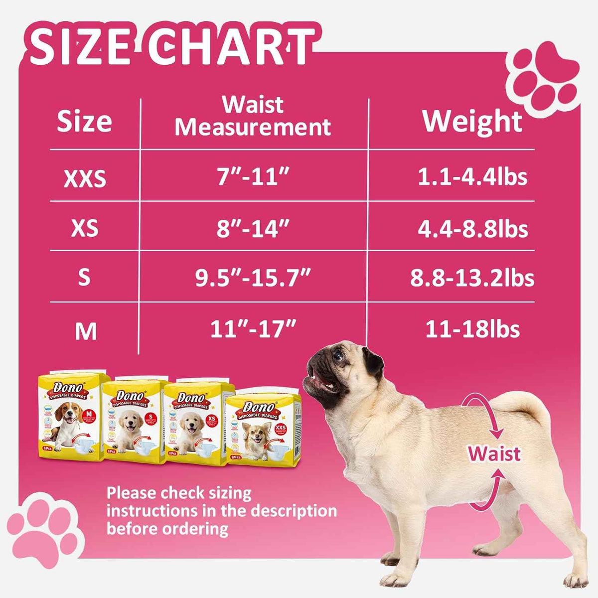 Dog diaper size chart with waist and weight ranges for XXS to medium.