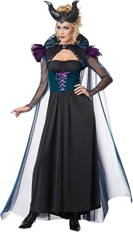 Black sorceress-style women’s costume with horned headpiece, corset bodice, cape, and skirt