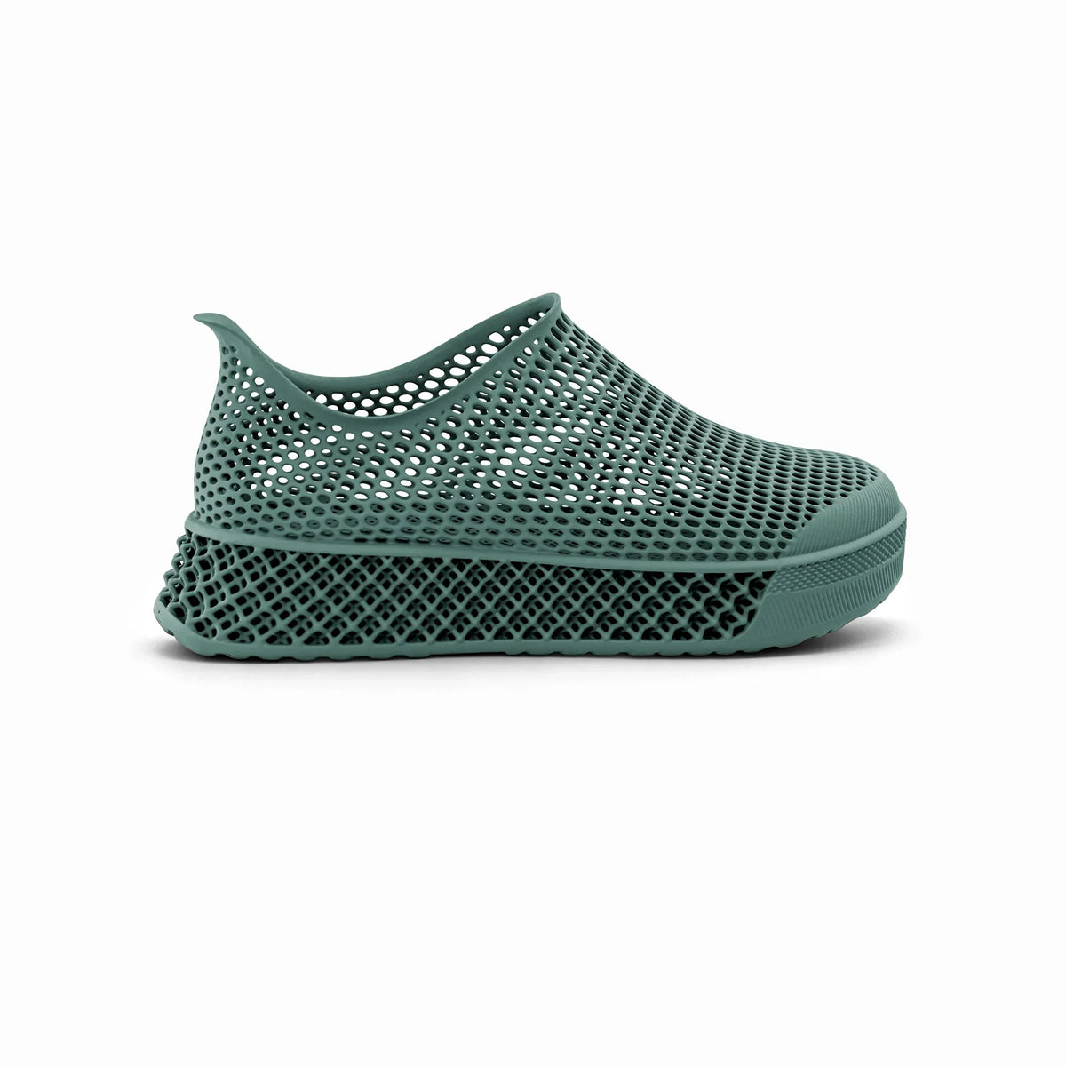 Green 3D-printed casual sneakers, mesh-knit upper, slip-on low profile, rubber sole