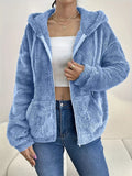 Sky blue fleece zip-up hoodie with hood, full front zipper, and long sleeves