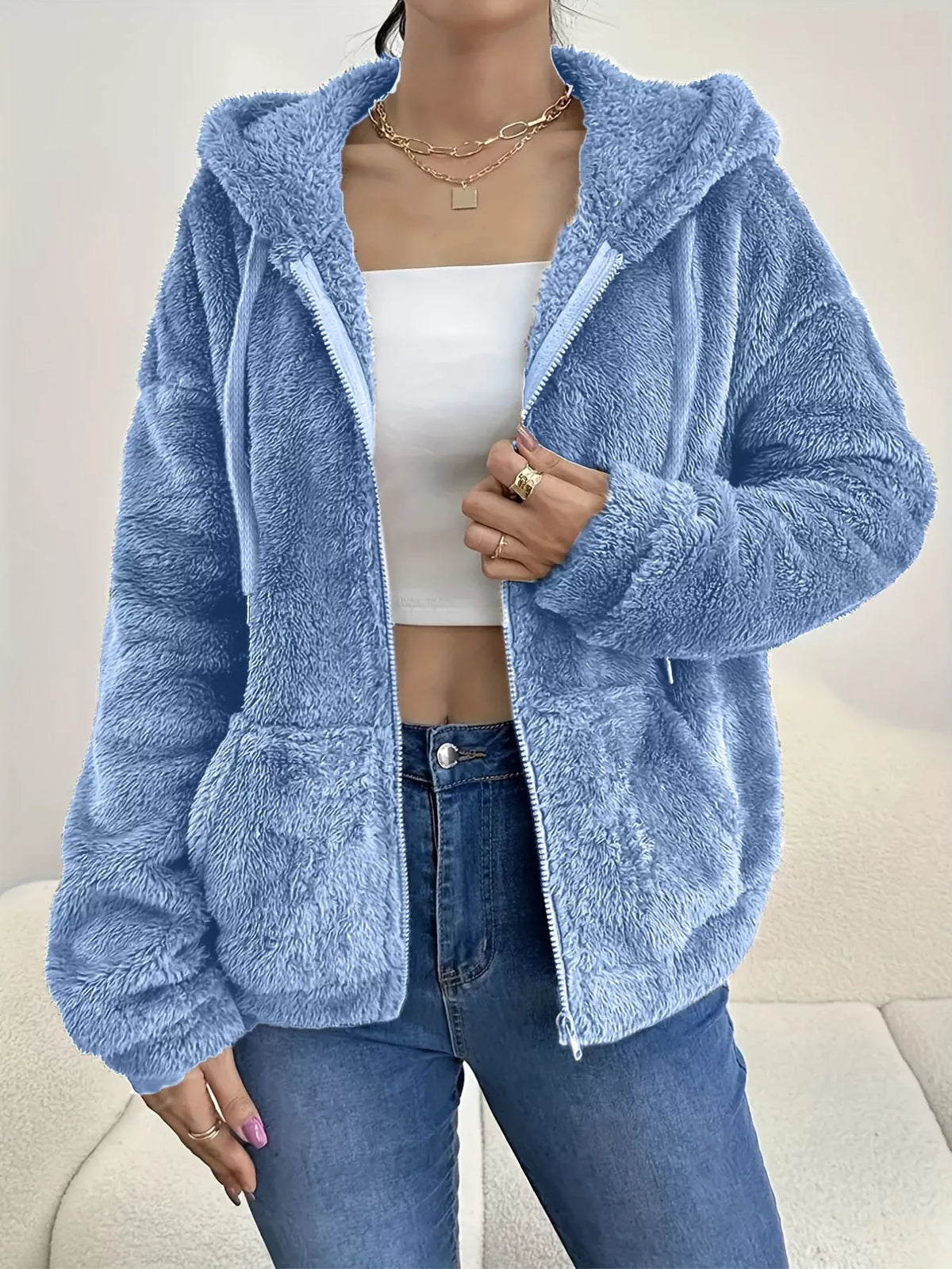 Sky blue fleece zip-up hoodie with hood, full front zipper, and long sleeves