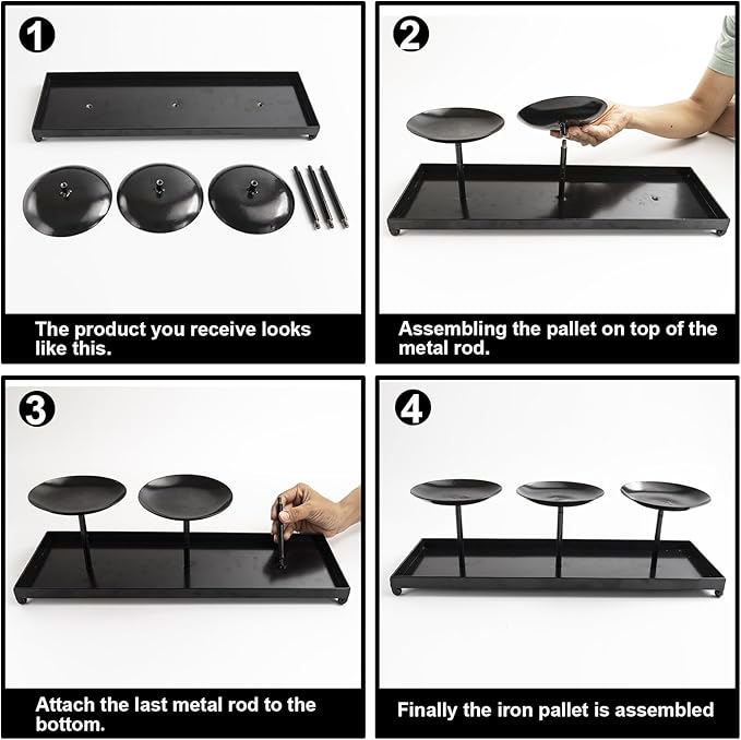 Black metal tray and three round candle plates with rods for assembling a three-candle holder