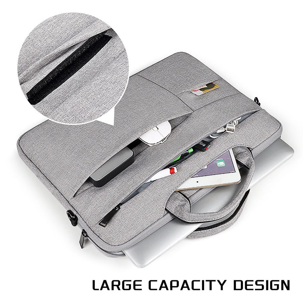 Gray laptop bag open, showing padded laptop slots and organizer pockets, zippered interior