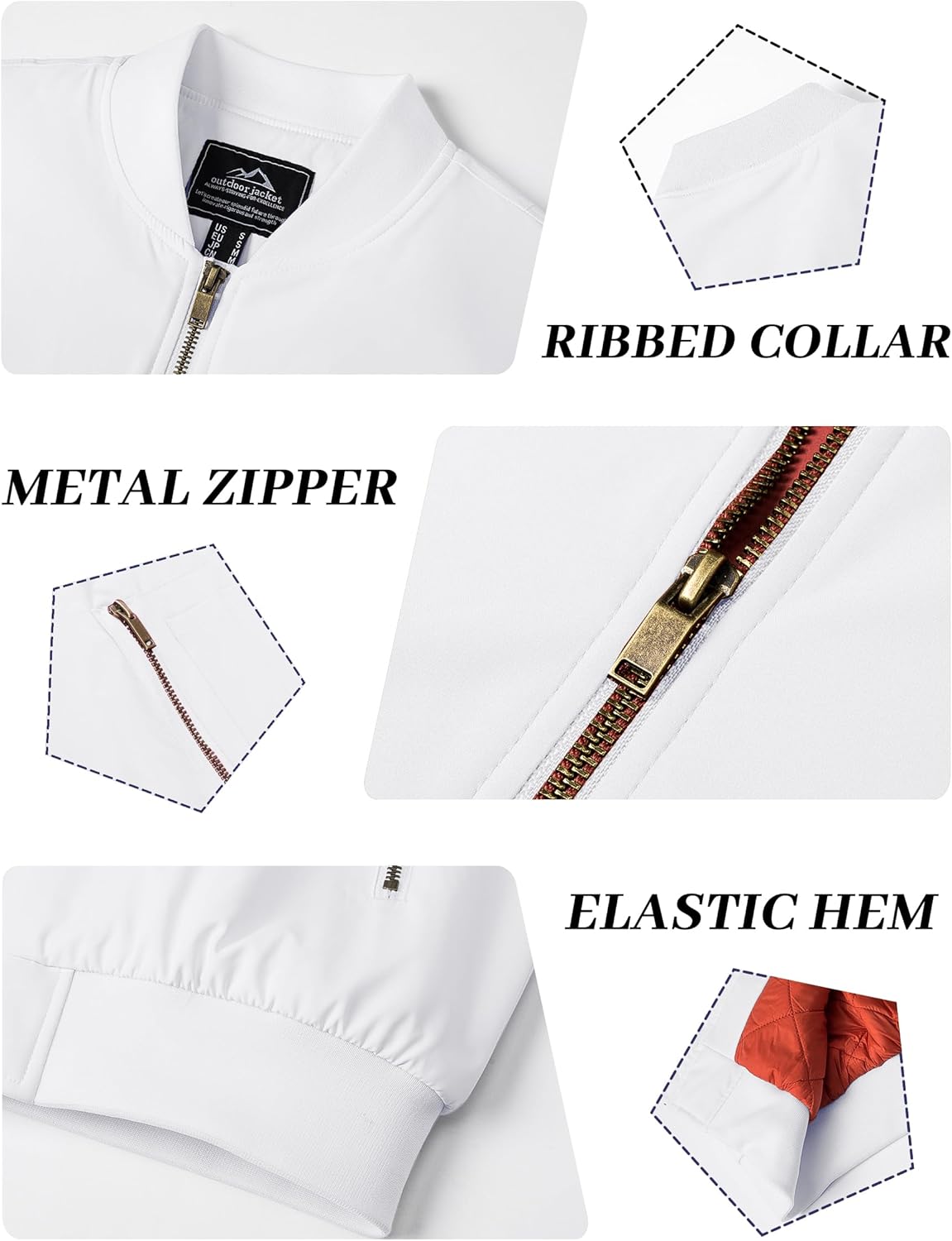 White bomber jacket with ribbed collar, metal full-zip, and elastic hem cuffs.