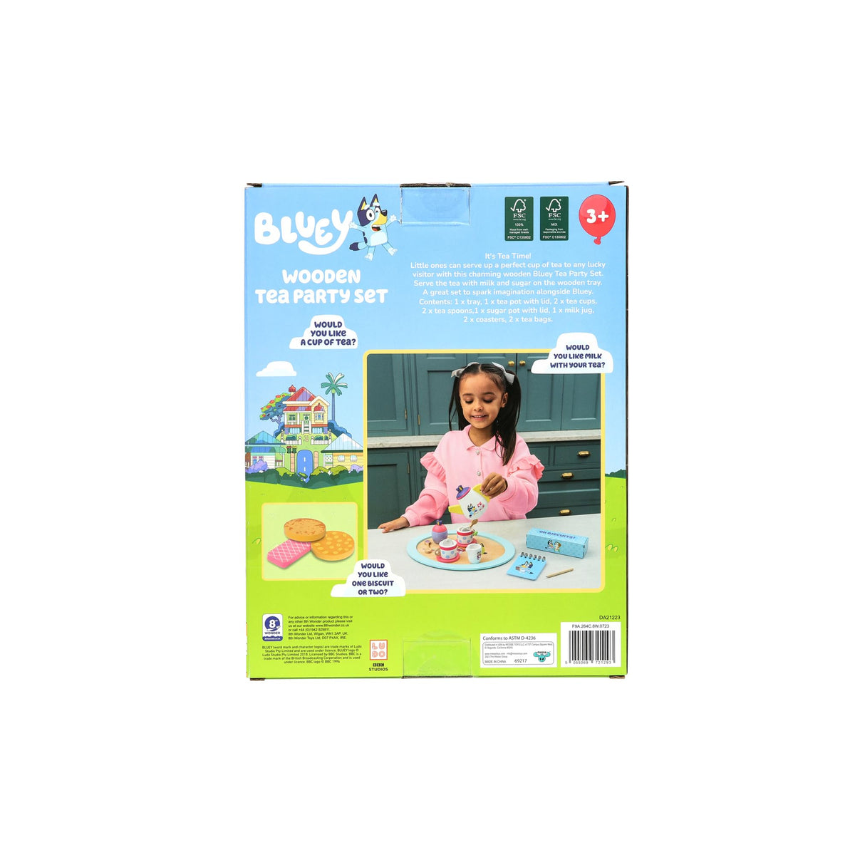 Back of Bluey wooden tea party set box with age and contents text