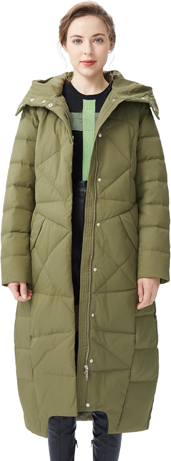 Women’s olive green hooded long puffer down coat with front zipper and side pockets