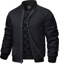 Men's black bomber jacket with stand collar, full-zip closure, and diamond-quilt lining