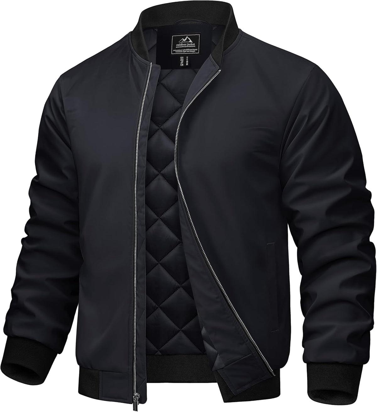 Men's dark bomber jacket with quilted lining, full-zip front and ribbed cuffs