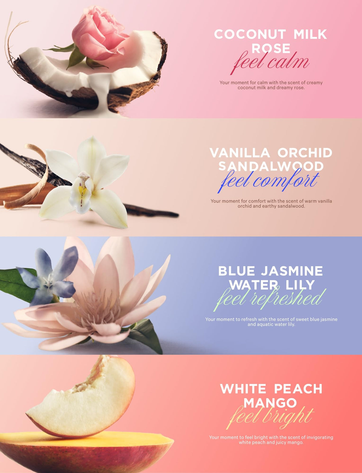 Coconut, vanilla orchid, blue jasmine, and white peach scent illustrations on label.