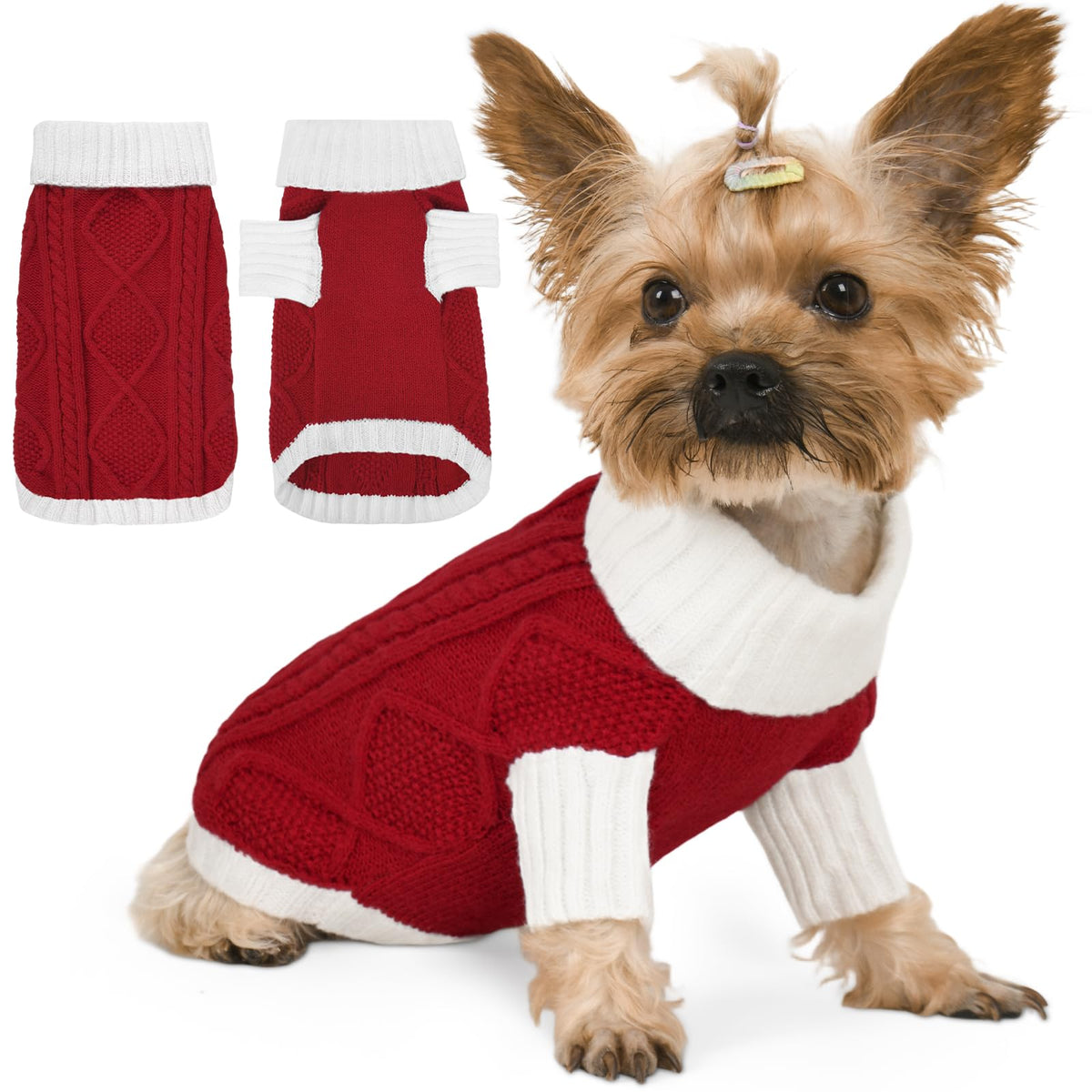 Red dog turtleneck cable knit sweater with white cuffs and hem, argyle pattern