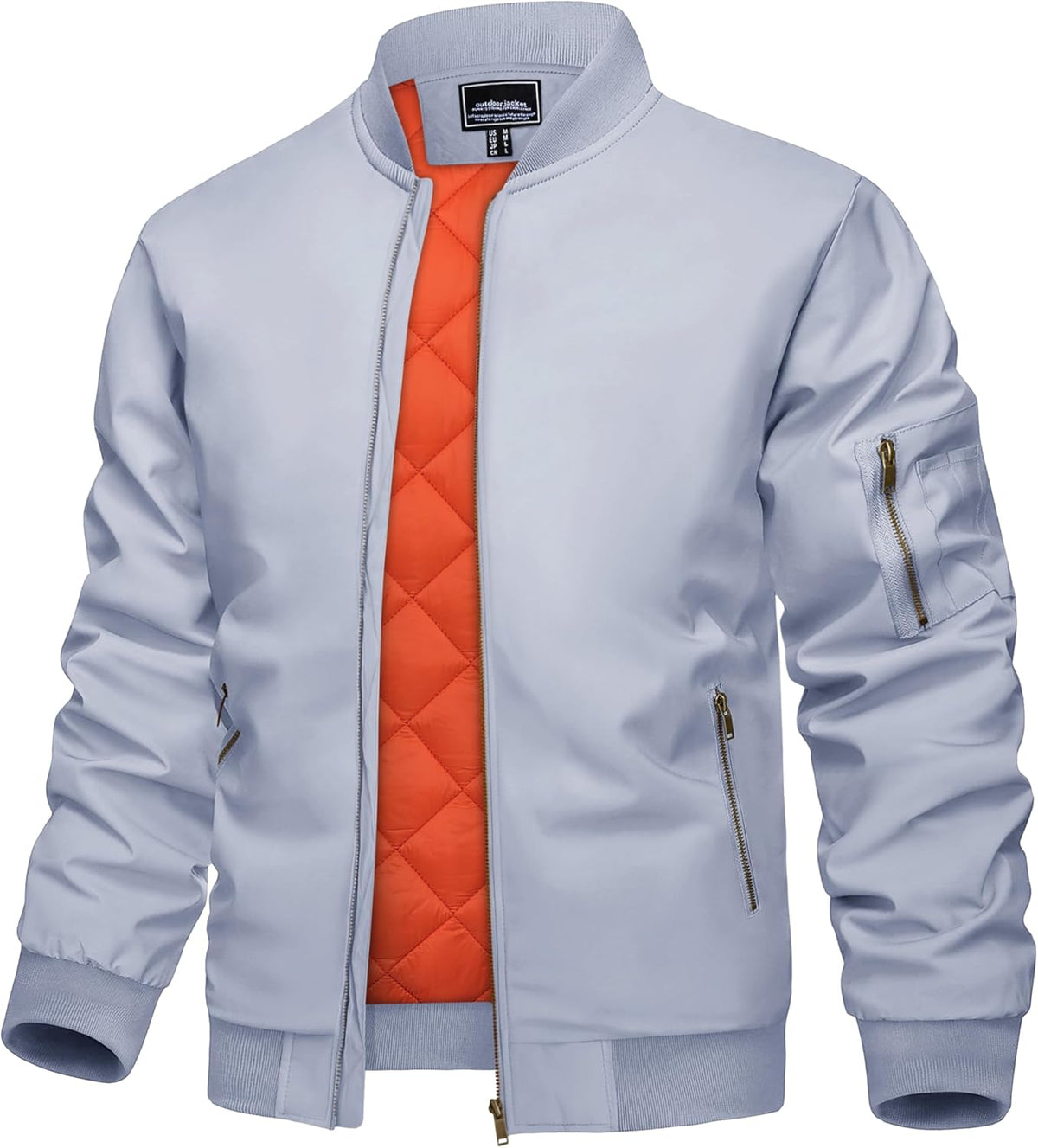 Men's light blue full-zip padded bomber jacket with stand collar and zip side pockets