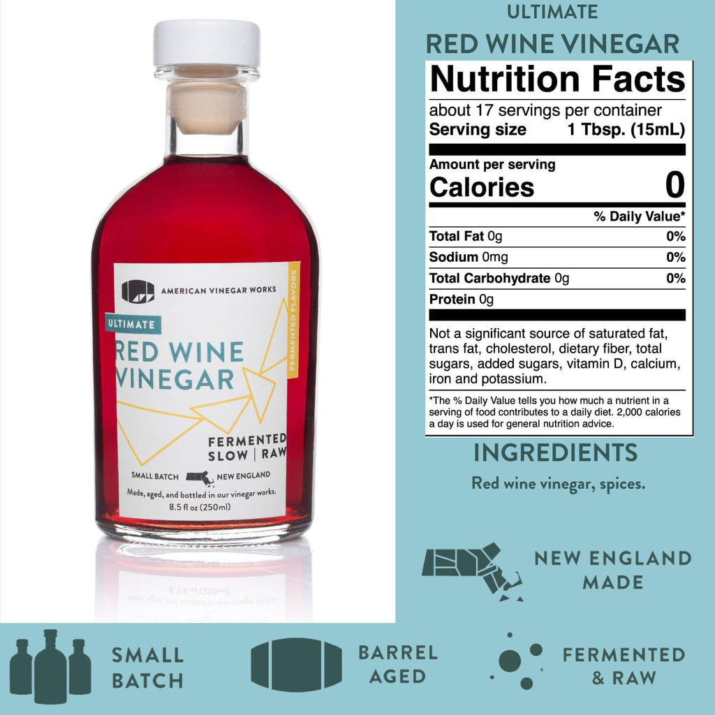Red wine vinegar bottle with label and nutrition facts panel.