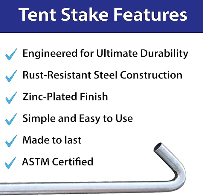 Bent steel tent stake with hooked end and rounded bend, shown at an angle.