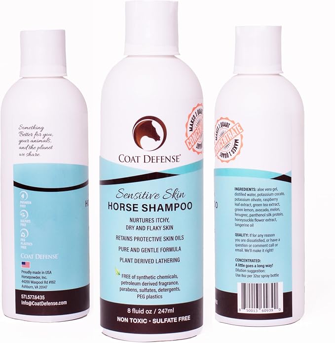 Horse shampoo bottle front and back views with Sensitive Skin label