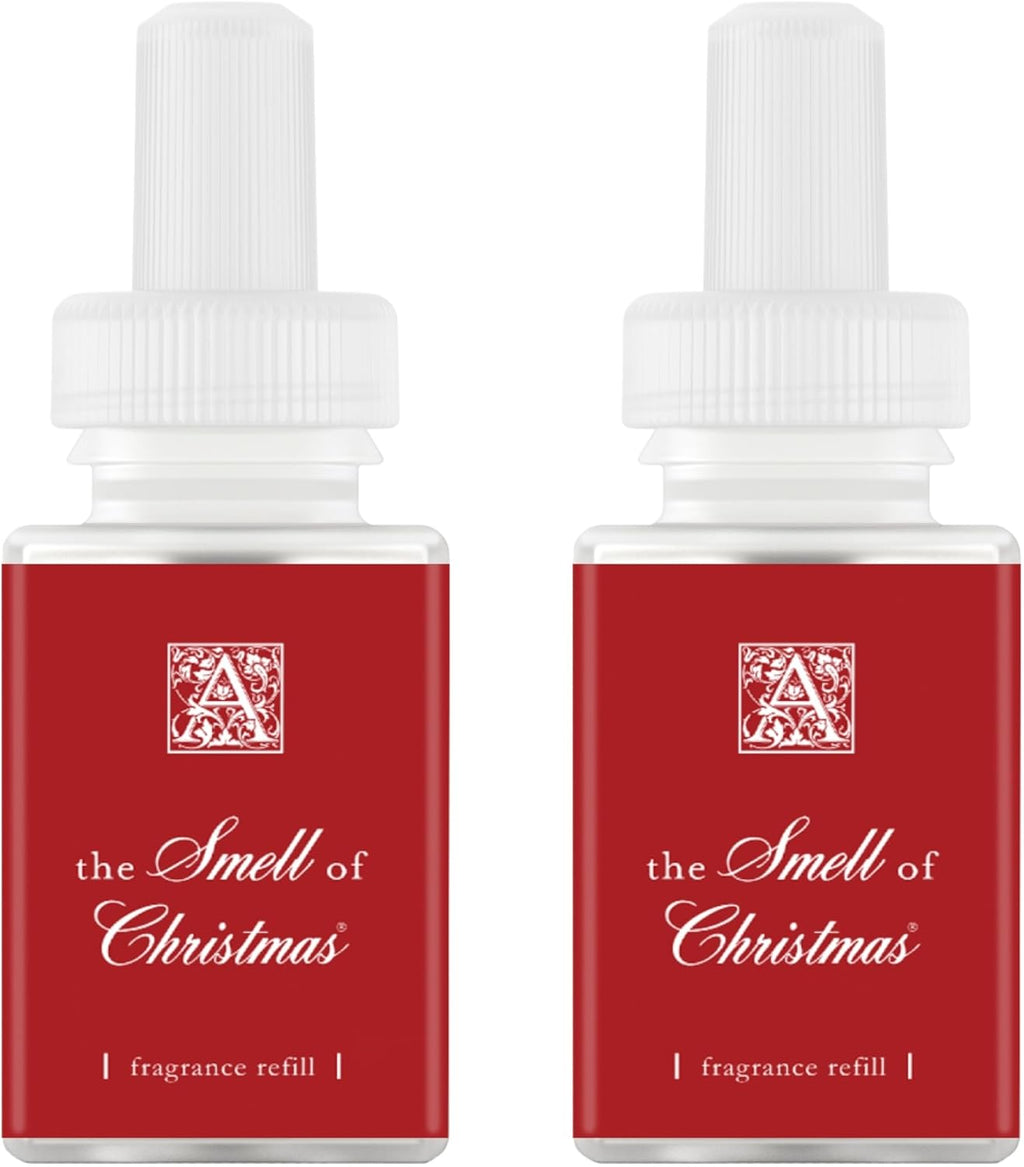 Two red fragrance refill bottles with white caps for Pura smart home air diffusers