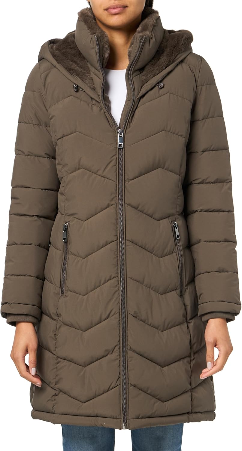 Long hooded puffer jacket with zip front and quilted chevrons, dark brown