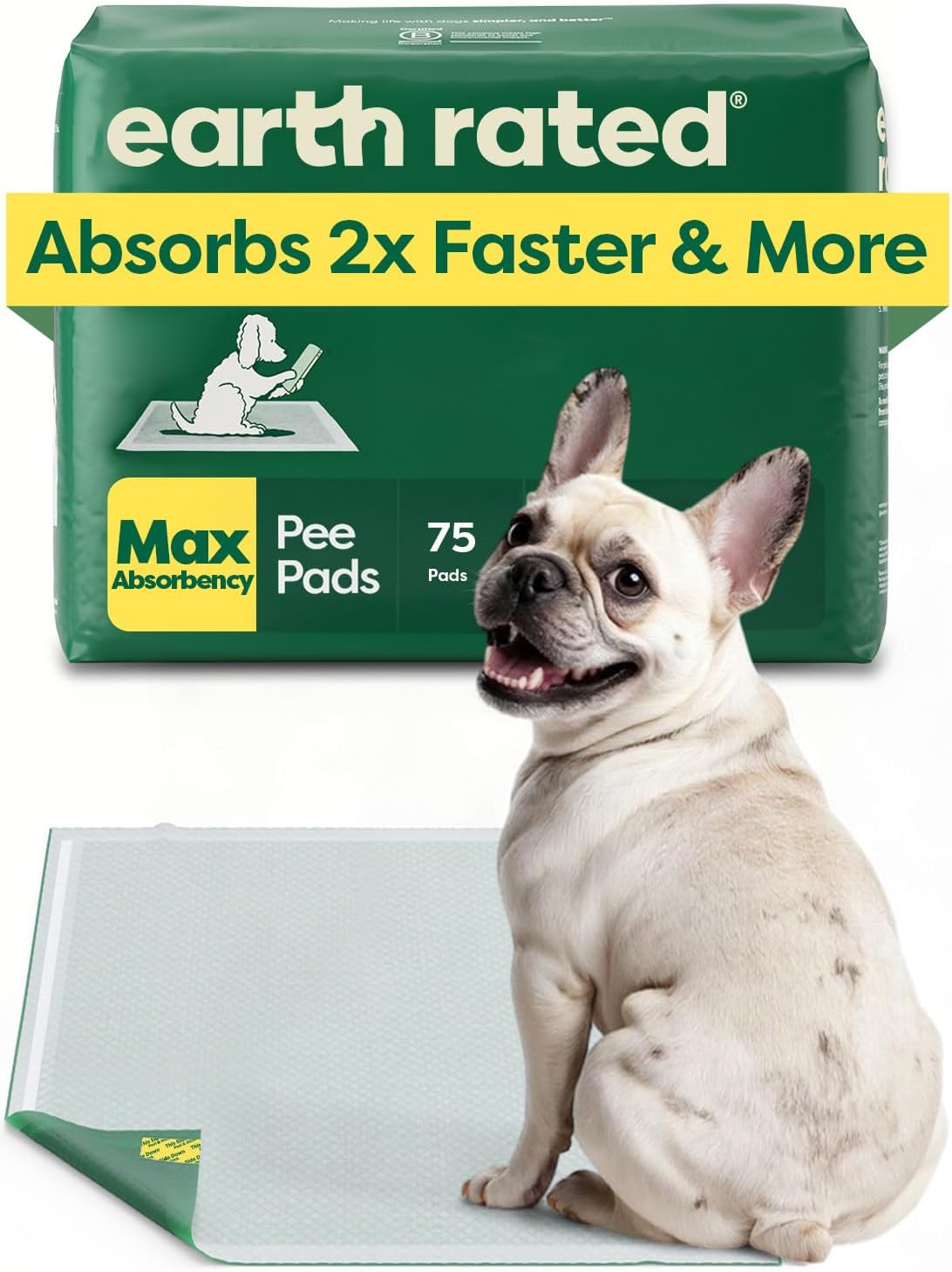 Earth Rated Max pee pads, green pack with white dog sitting on pad