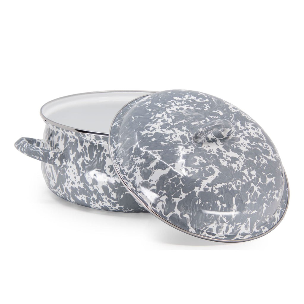 Gray speckled 4-quart enamel Dutch oven with domed lid and side handles