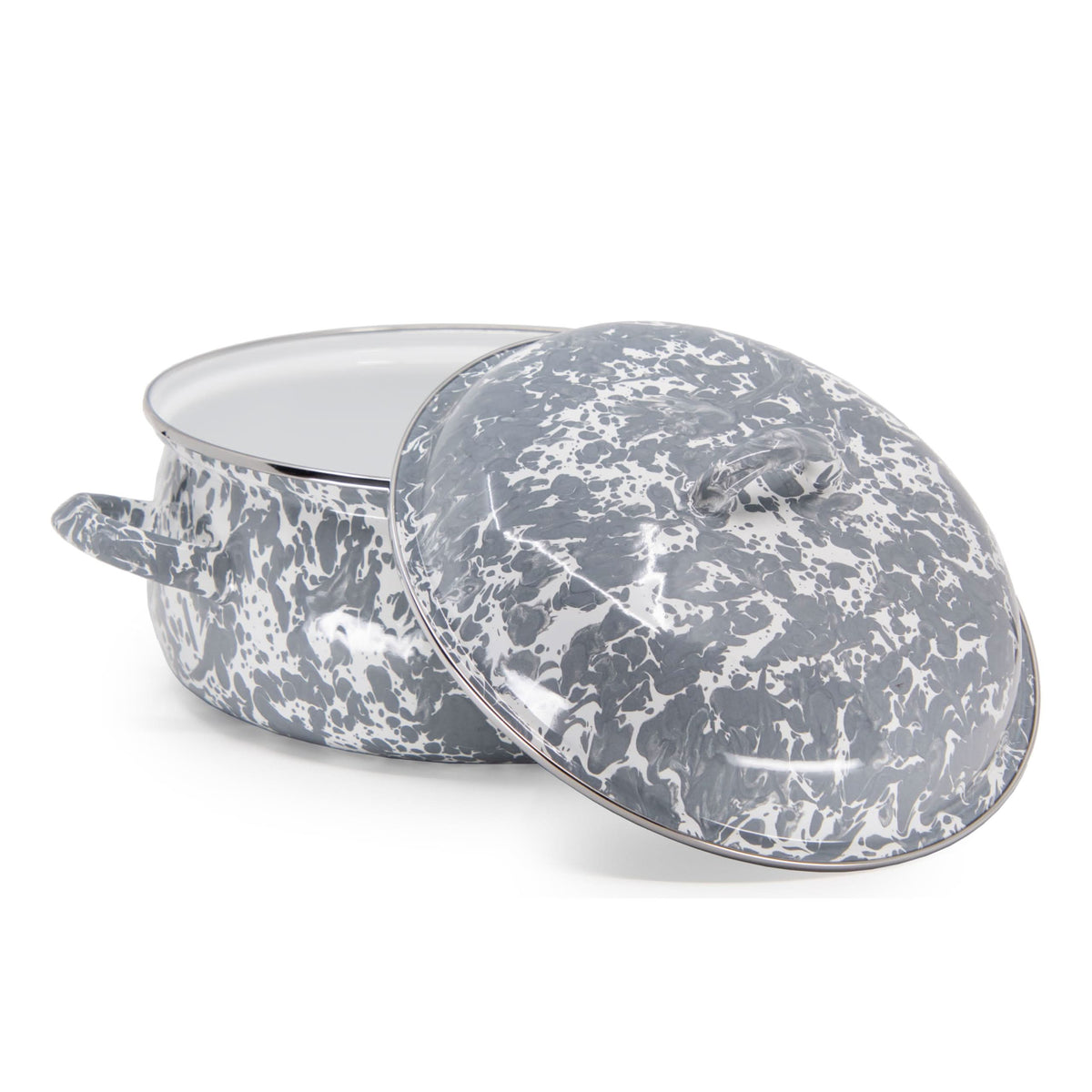 Gray speckled 4-quart enamel Dutch oven with domed lid and side handles