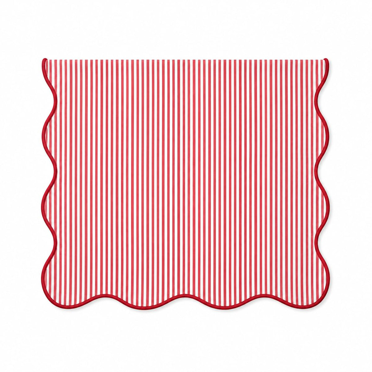 Red and white striped table runner with scalloped edges, lined