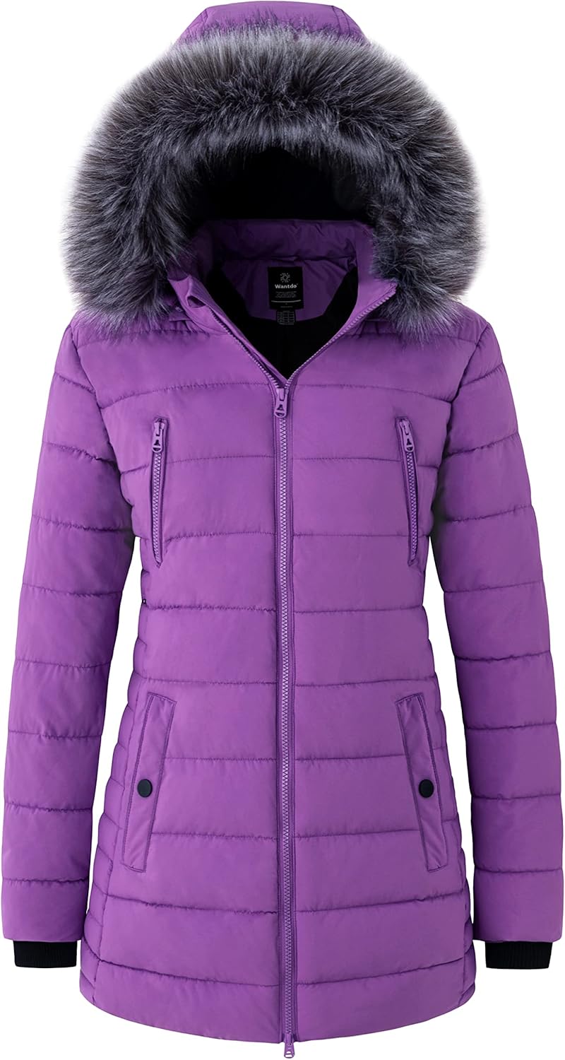 Purple quilted puffer parka with zip front, fur-trimmed hood and button pockets.
