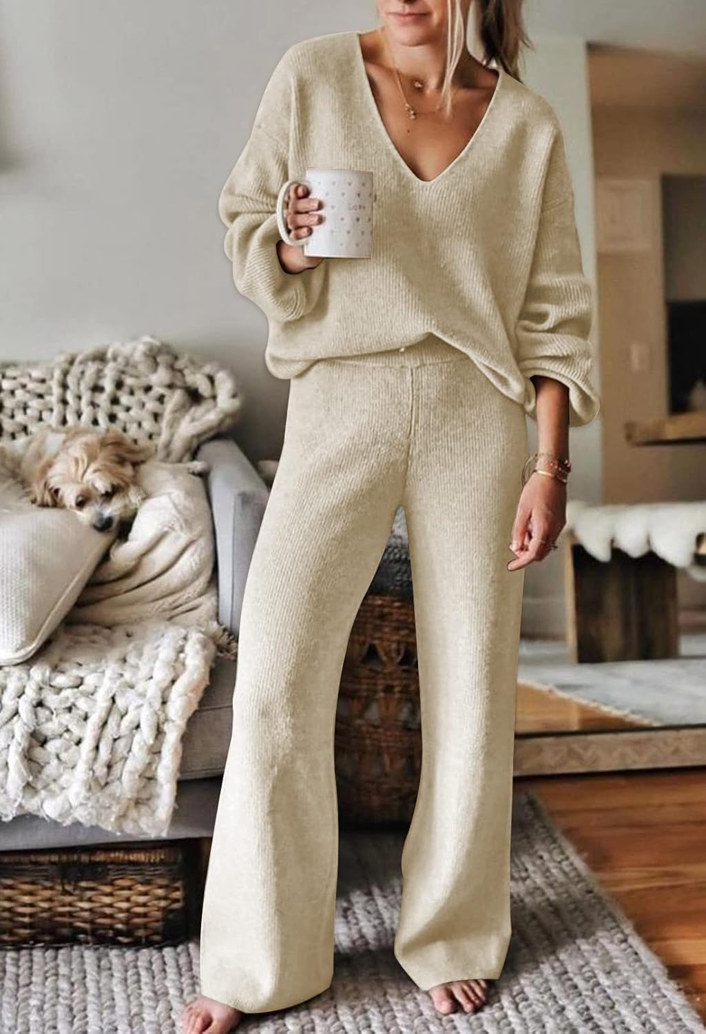 Women's knit V-neck sweater and wide-leg lounge pants set in light beige