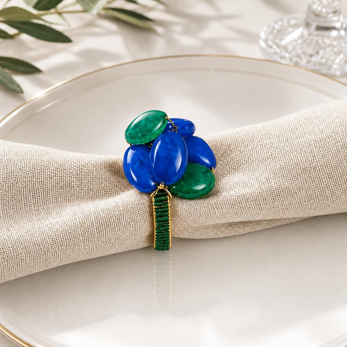 Multicolor gemstone beaded napkin ring with blue and green oval stones