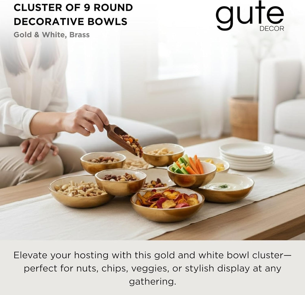 Gold and white 9-bowl cluster set for serving snacks, dips, and sides