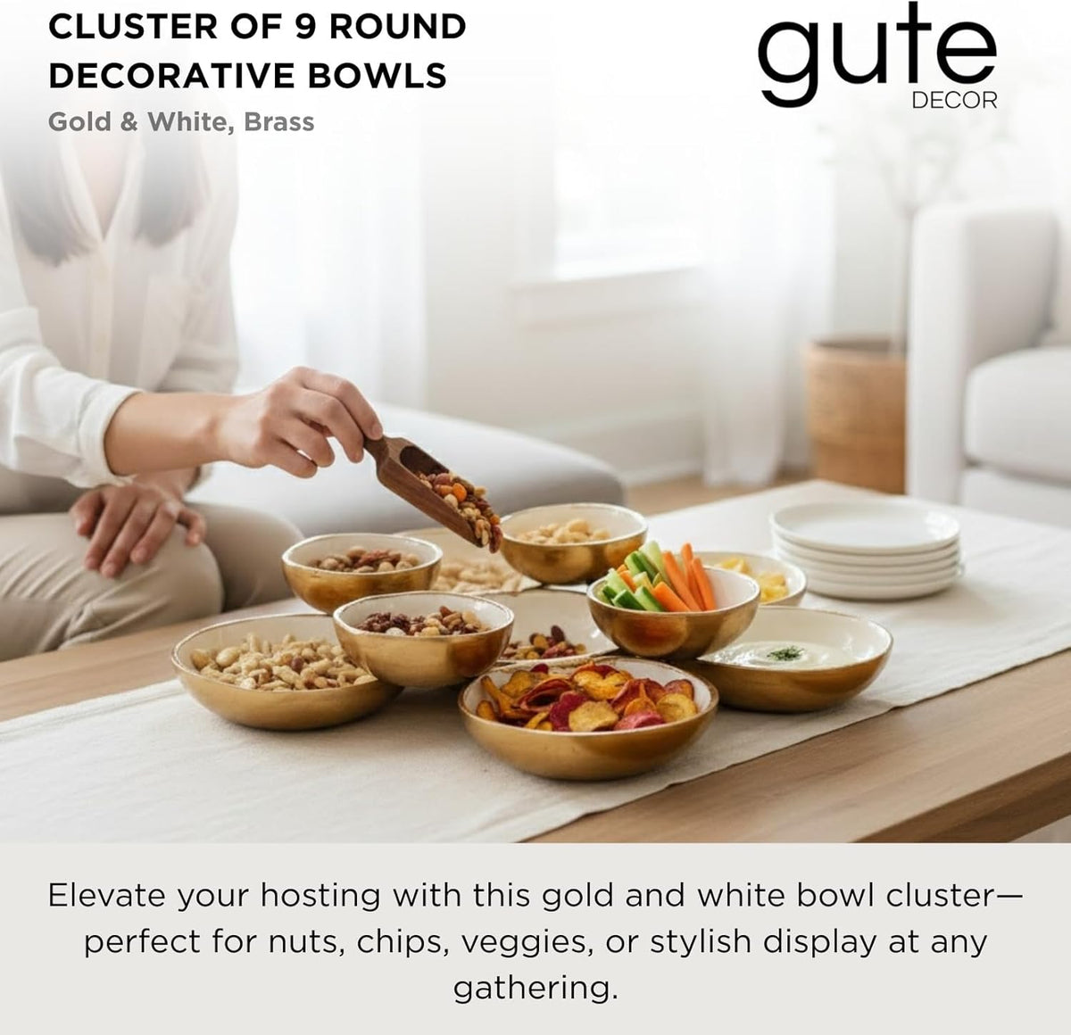 Gold and white 9-bowl cluster set for serving snacks, dips, and sides