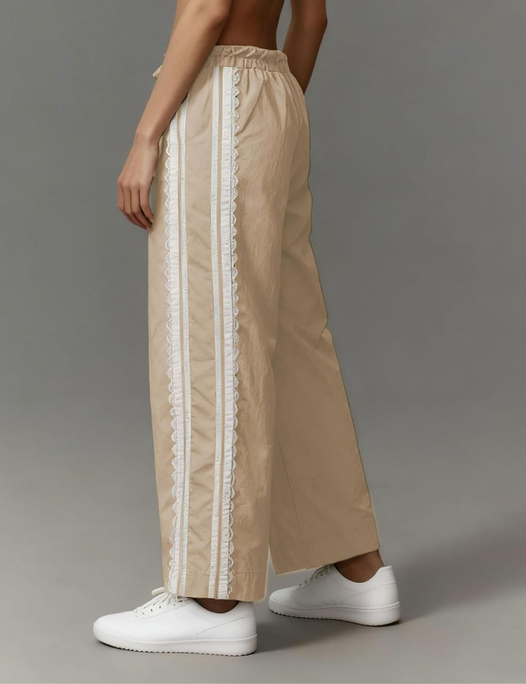 Women's khaki wide-leg track pants with lace-trim side stripe, elastic waistband