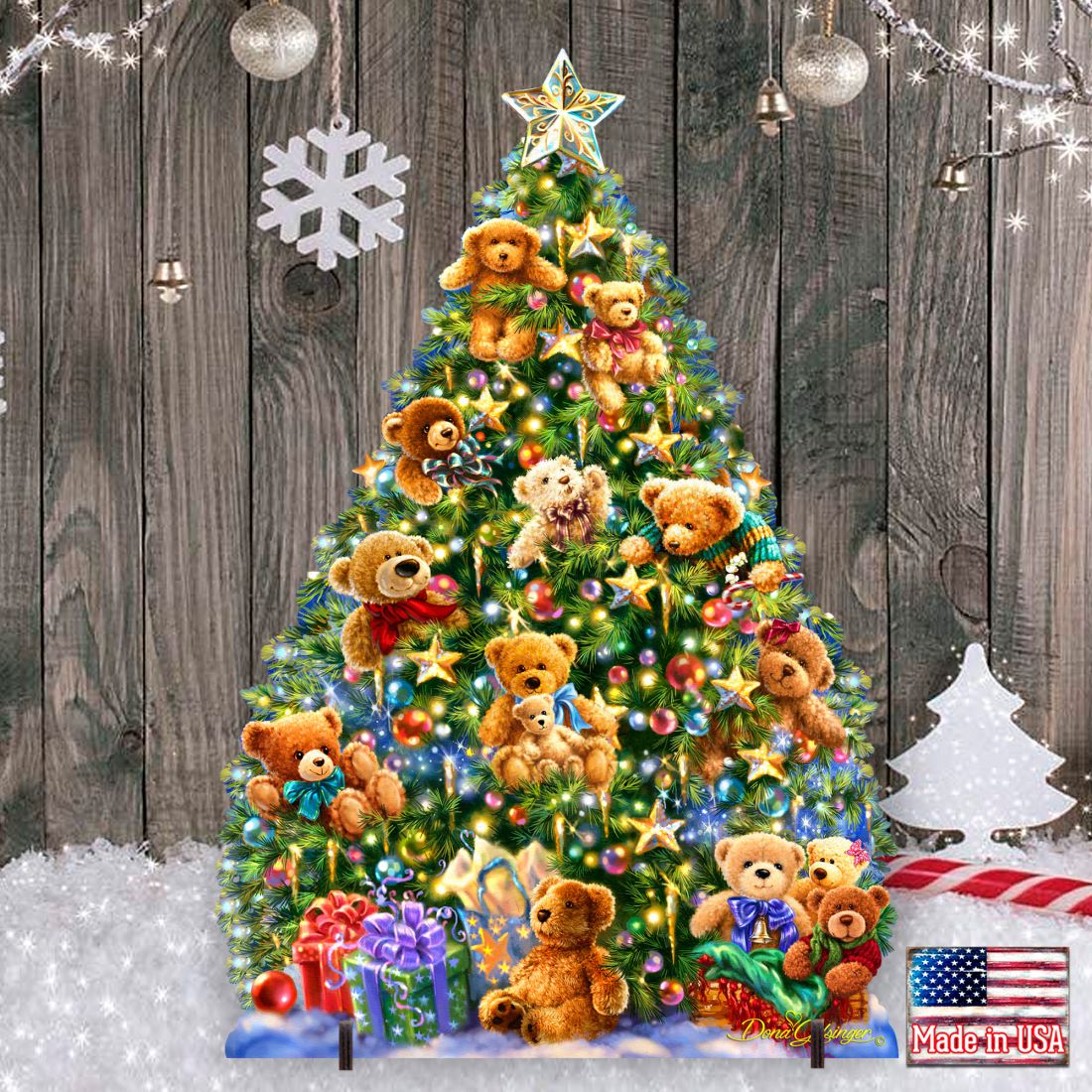 Outdoor teddy bear Christmas tree yard sign with hanging stars and lighted bear ornaments