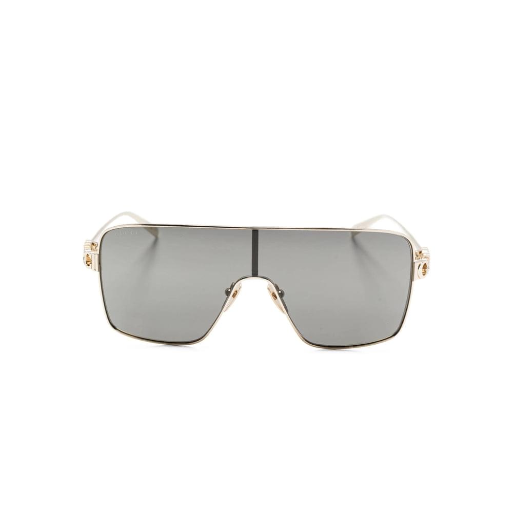 Gucci gold-tone square sunglasses with dark gray lenses and logo temple detailing