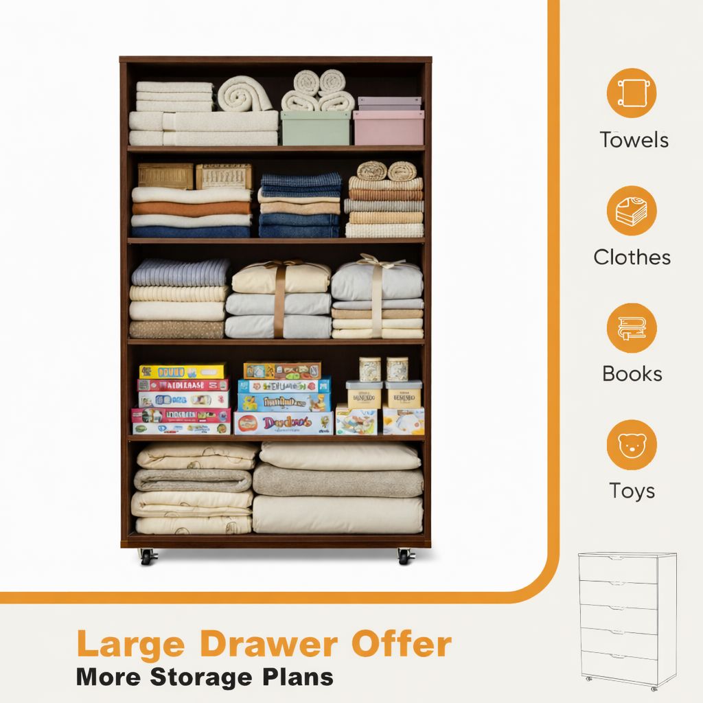 Dark brown storage cabinet shown with shelves holding towels, clothes, books, and toys