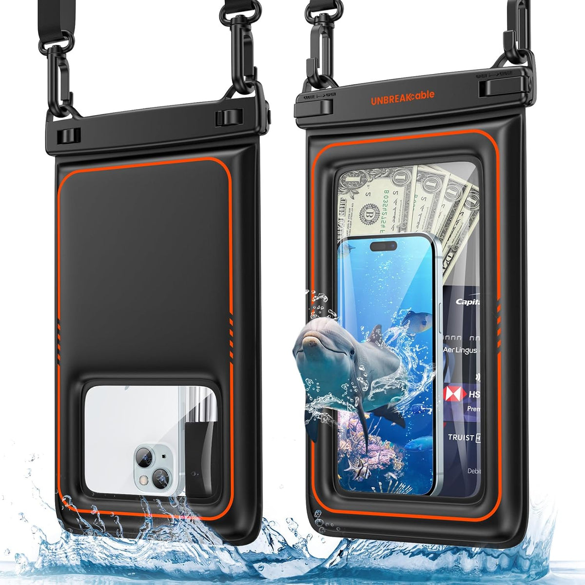 Pair of black waterproof phone pouches with clear windows; one holds phone, one holds cash