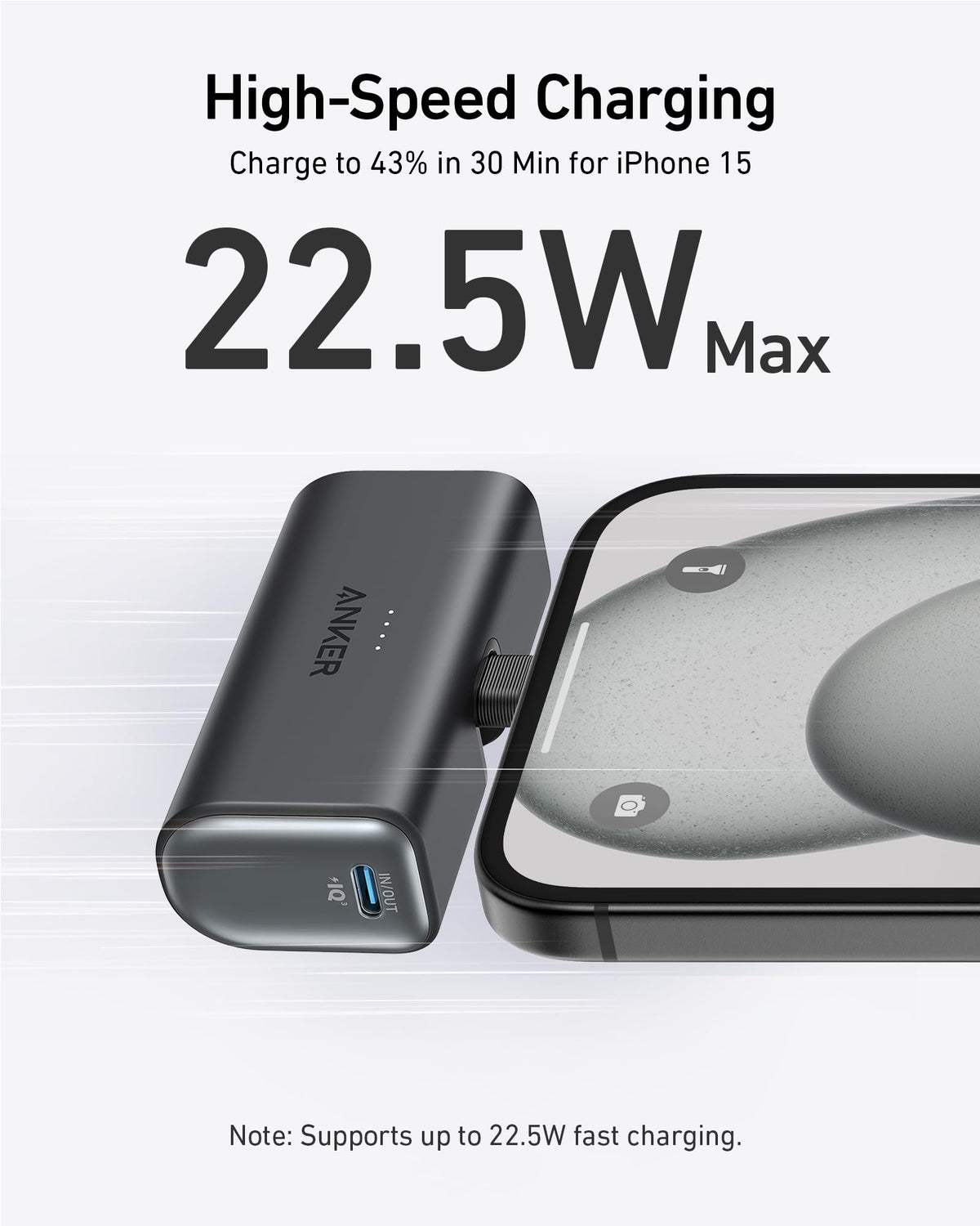 Black Anker nano power bank front and USB-C output ports