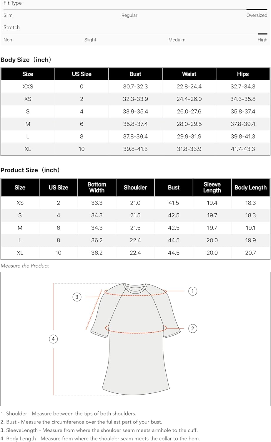 Size chart diagram for women’s knit cardigan, body and product measurements