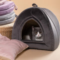 Dark grey pet tent bed with arched entrance and cushioned floor, shown with cat inside