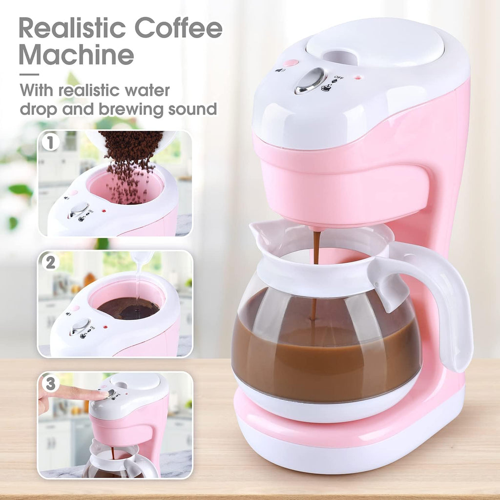 Pink and white pretend coffee maker with glass carafe and spout