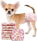 Pink paw-print dog diaper modeled on a small dog beside a stack of diapers.